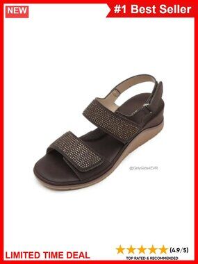 Rhinestone Low Wedge Slingback Sandals Faux Leather Open Toe
